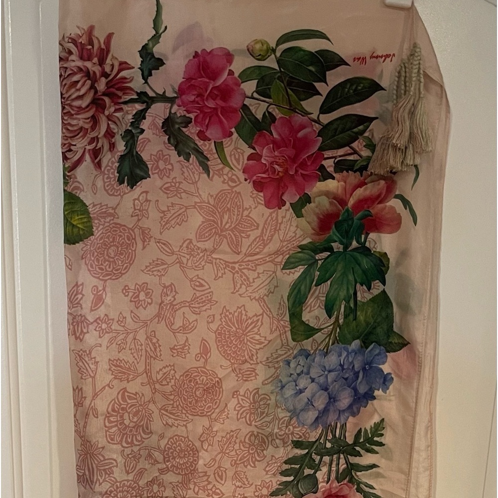 Johnny Was Pink Floral Scarf with Tassels